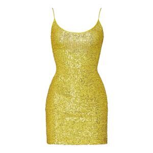 Naeem Khan Gold Sequin Mini Dress Sleeveless Low Back Spaghetti Strap Sz 0
